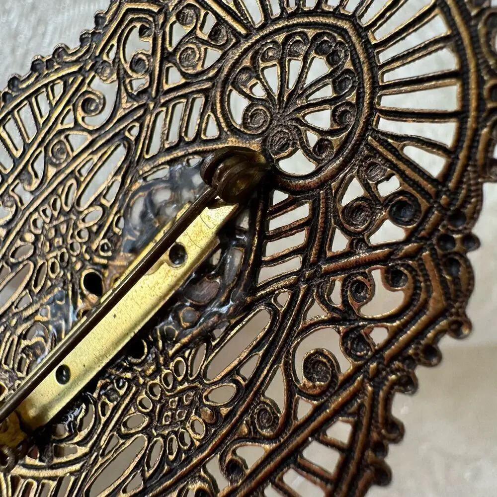 Vintage Large Filigree Faux Citrine Brooch Repaired Clasp 1930’s Art Deco